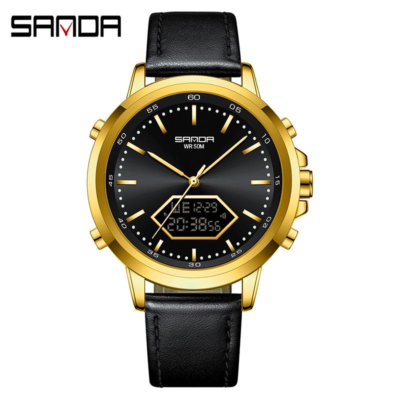 Sanda Youth Luminous Waterproof Steel Band Men s Watch with Alarm and Leather Strap