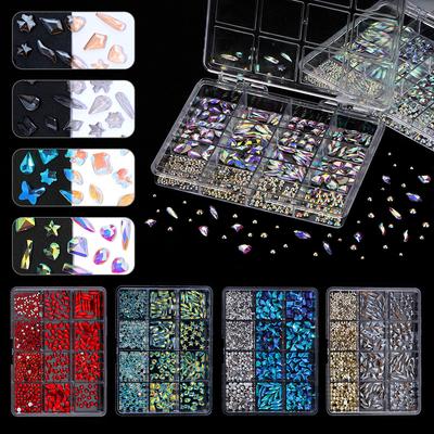 Boîte à strass à 12 compartiments pour nail art, ensemble de bijoux pour nail art, fond plat, diamant de forme spéciale, strass pour ongles