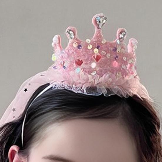 Girl Crown Headband with Sequins Imitation Pearls Princess-Style Crown Mesh Veil Toddler Princess Headpiece Baby Girl Photo Accessory