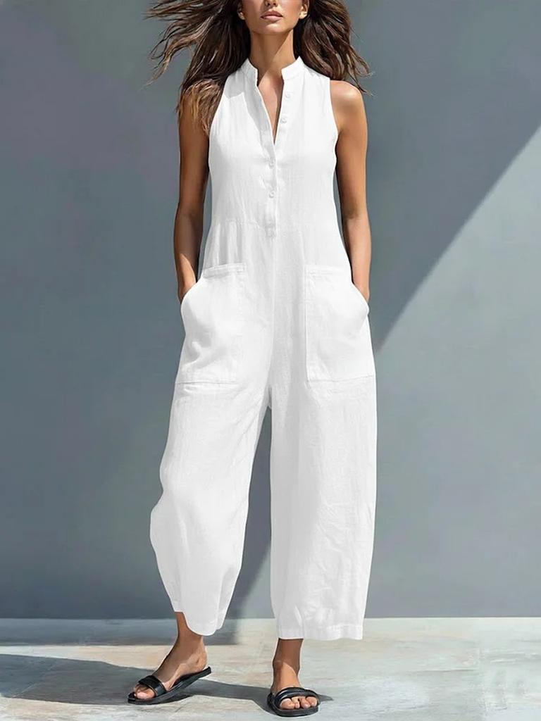 Casual Women's Sleeveless Stand-Collar Pocket Jumpsuit