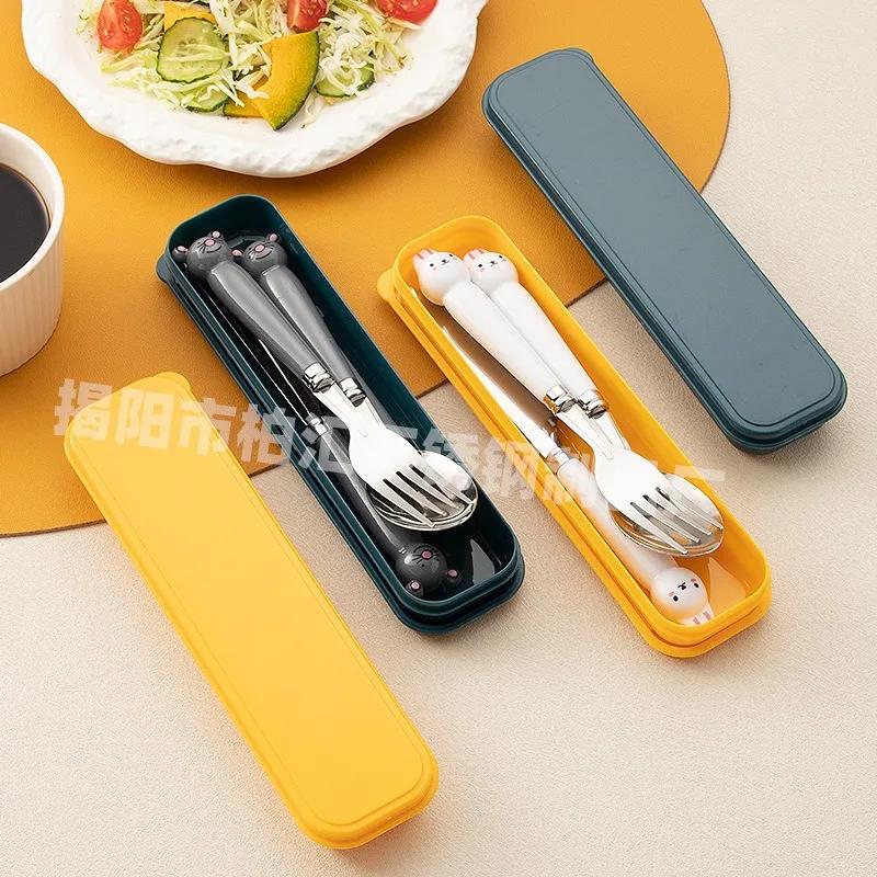 Creative Cartoon Stainless Steel Fork Spoon Chopsticks Three Piece Set Cute Student Spoon Chopsticks Portable Tableware Set For