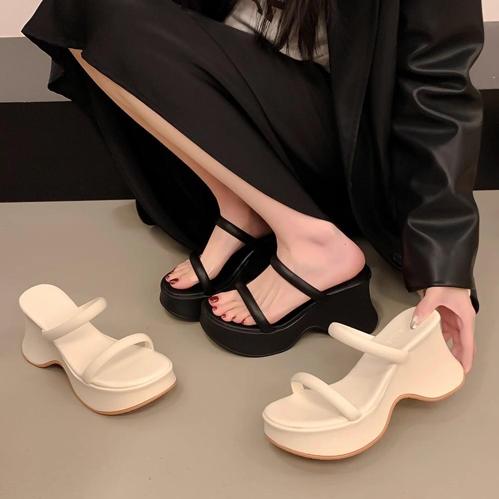 Thick-soled Heightening One-word Cool Slippers for Women's Summer Outer Wear New Simple Small Versatile High-heeled Sandals