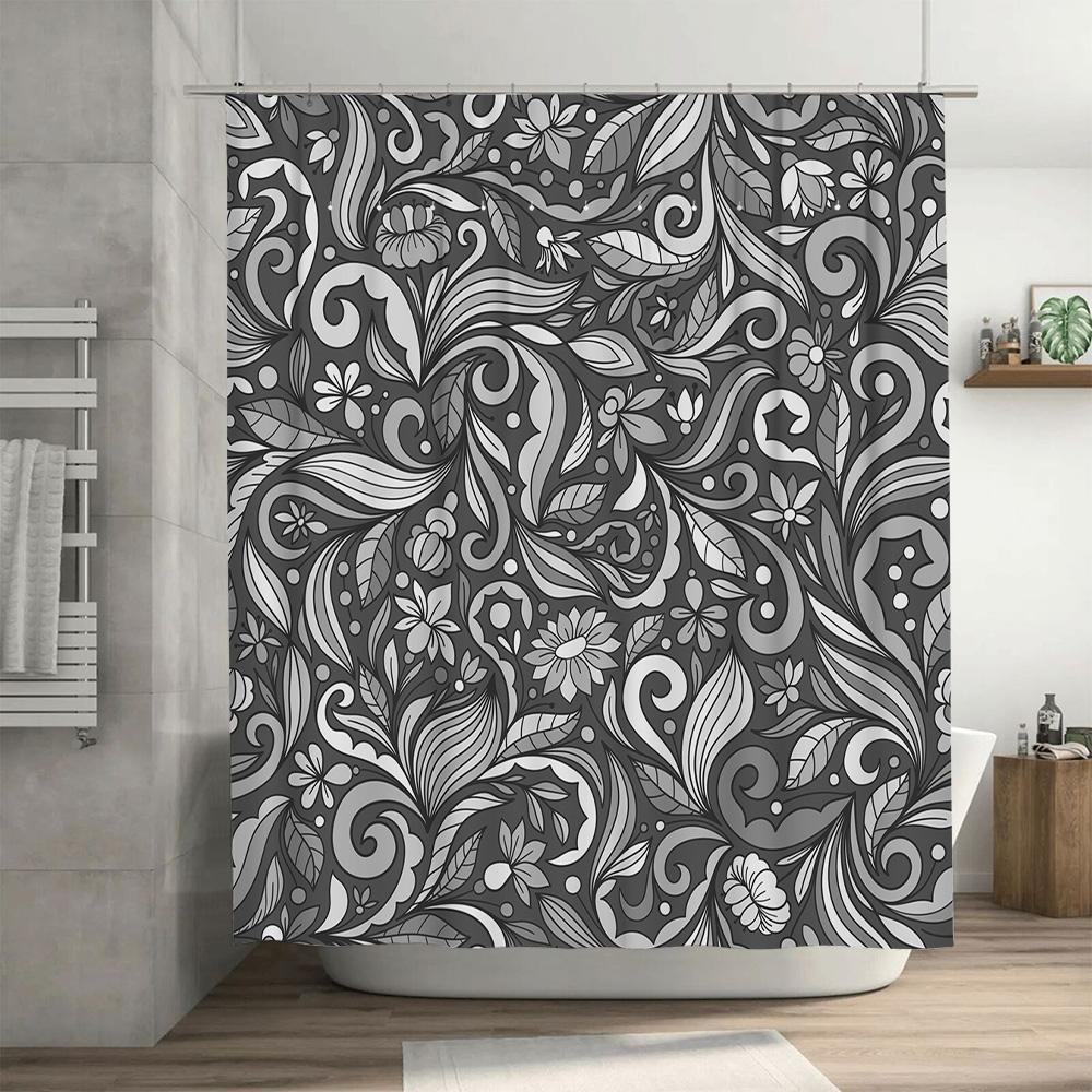 Black White Floral Shower Curtain with Swirls Waves Bathroom Decor for Home Kitchen or Bathroom Large Size 72 x 84 Gray Shabby C