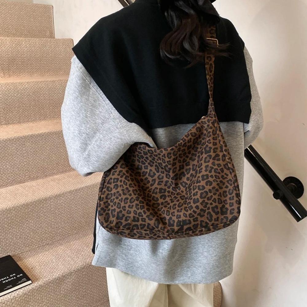 Large Capacity Leopard Print Bag Casual Soft Textile Women's Shoulder Bag Female Retro Crossbody Bag For Commute Outings