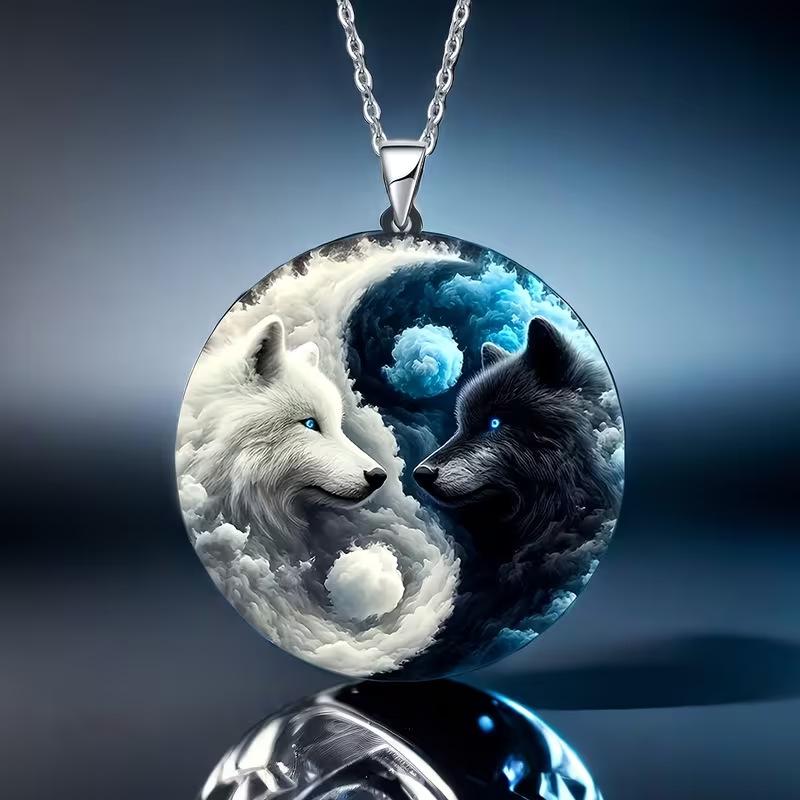 Popular Stylish 2D Flat Yin Yang Wolf Pendant Necklace Creative White and Black Wolf Necklace