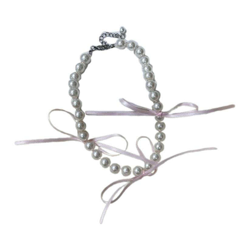 Модное Элегантное Ленточное Бант Короткое Ожерелье Жемчужная Цепочка на Ключицу Чокер Заявление Украшения Цепочка на Шею 1 розовый