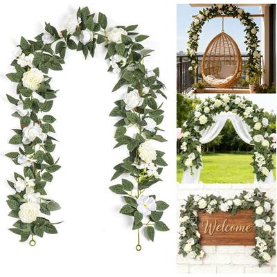 Guirlande de Fleurs de Rose Artificielles Résistante aux UV Vigne de Fleurs Artificielles Réalistes avec Feuilles Vertes Décoration en Rotin de Fleurs Simulées Suspendue pour Fête de Mariage