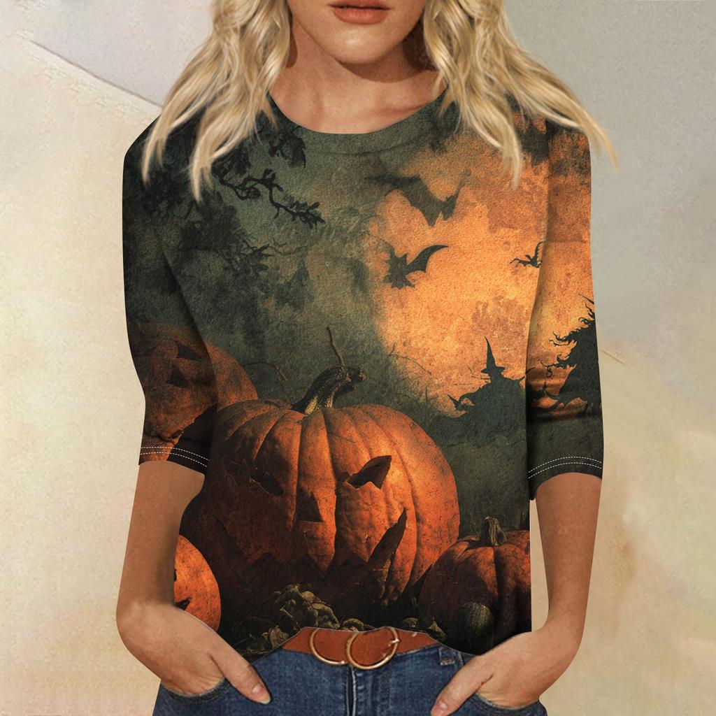 Women's Fashion Casual Round Neck Three-quarter Sleeve Halloween Printed T-shirt Top