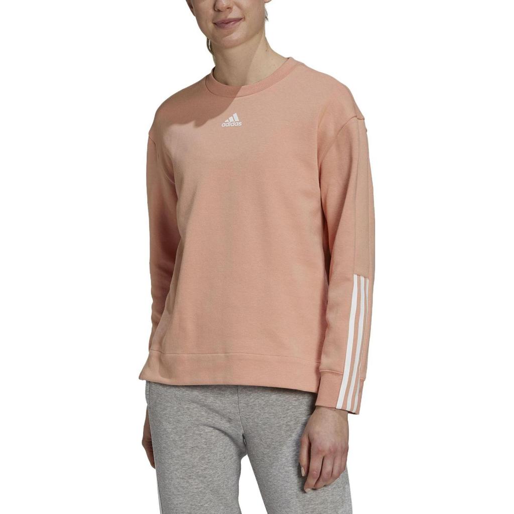 Adidas Striped Logo Print Crew Neck Pullover Sweater Women Sweater Pink GS1374