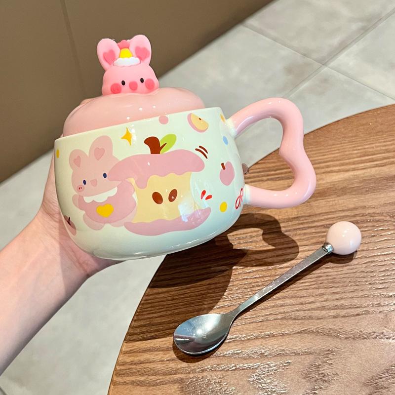 Apple Puppy Water Cup Super Beautiful Rabbit Ceramic Cup with Lid Spoon Couple Mug for Girls' Birthday Gift