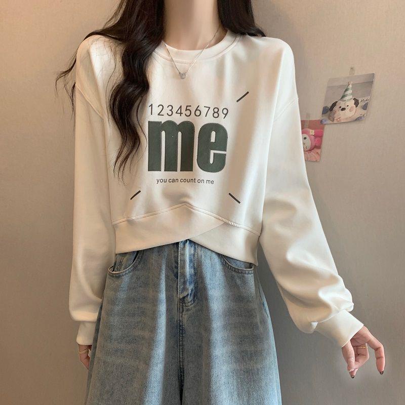 

Женская укороченная толстовка в стиле ретро с принтом креста, свободного кроя, с длинными рукавами и круглым вырезом, идеально подходит для осени. 2XL (Recommended 62.5-72.5 kg)