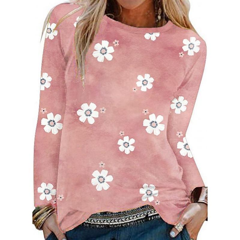 

Женские футболки с круглым вырезом, 3D-принтом цветов, повседневные, с длинным рукавом - Мягкая полиэстеровая ткань средней эластичности, Весенне-осенняя одежда свободного кроя 5XL