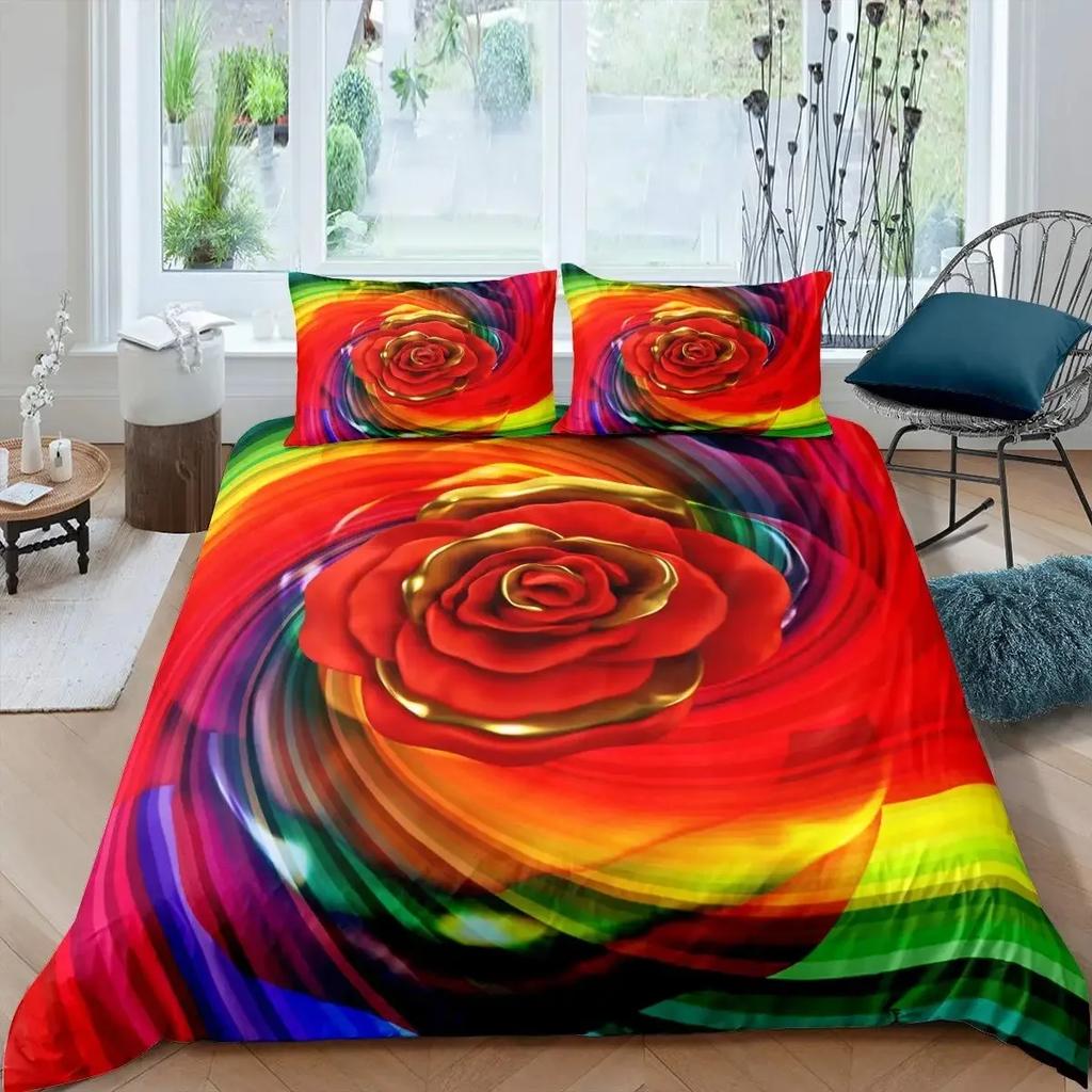 Girls Rainbow Rose Duvet Cover Set Colorful Rose Floral Bright Flowers Petal Comforter Cover Garden Fresh Bedding Sets Full Size