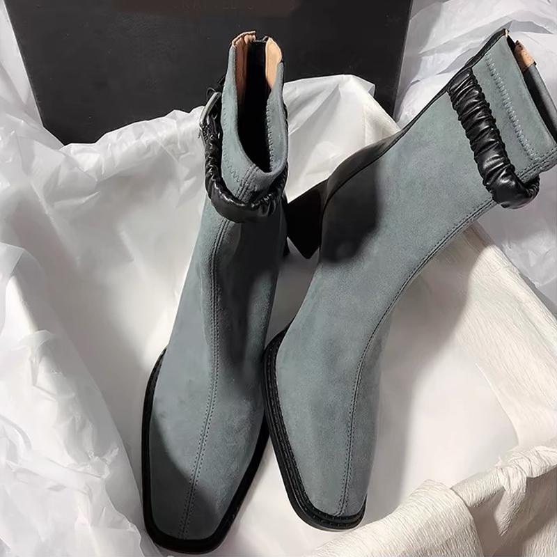 

Высокие каблуки с квадратным носком, ботильоны, женская обувь, тренд 2025 года, модные офисные ботинки на молнии для взрослых, новые элегантные туфли-лодочки для выпускного вечера, женские ботинки 40 светло-синий