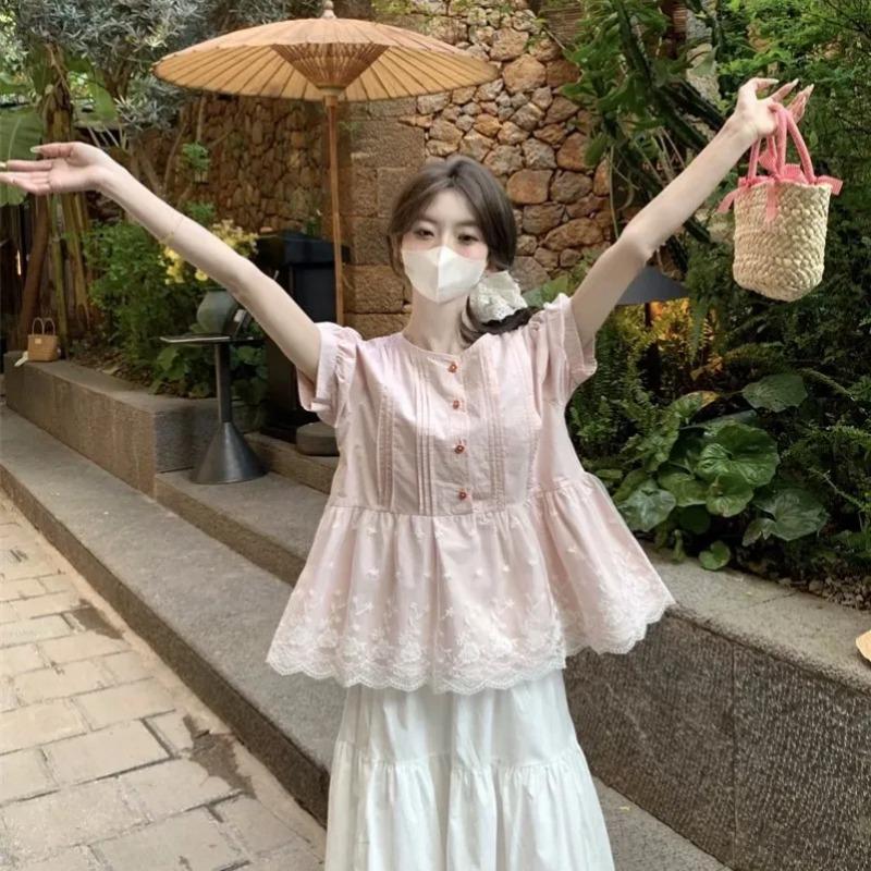 

Womens Lace Trim Puff Sleeve Casual Blouse S рожевий