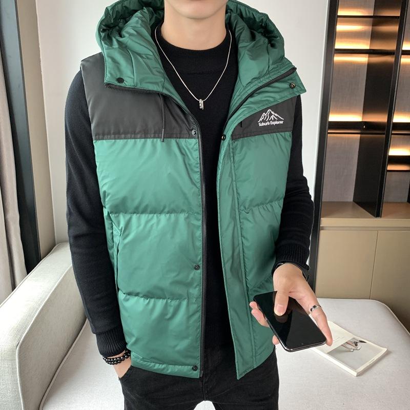 Winter New Down Jacket Vest Men's Short Hooded Color Matching Down Thickened