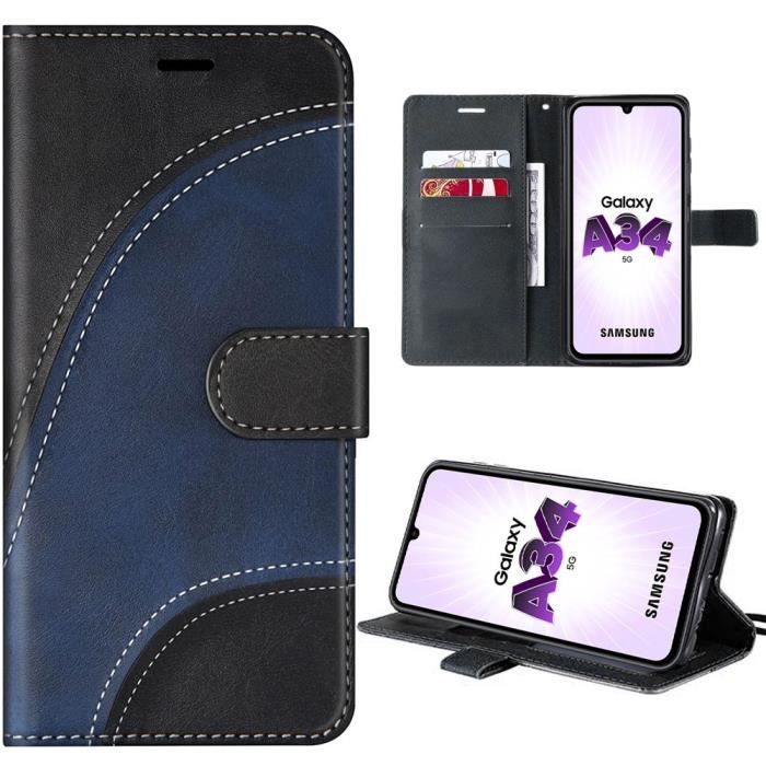 Coque de protection - Samsung - Galaxy A34 5G - Cuir PU Noir - Anti-choc TPU - Fentes pour cartes