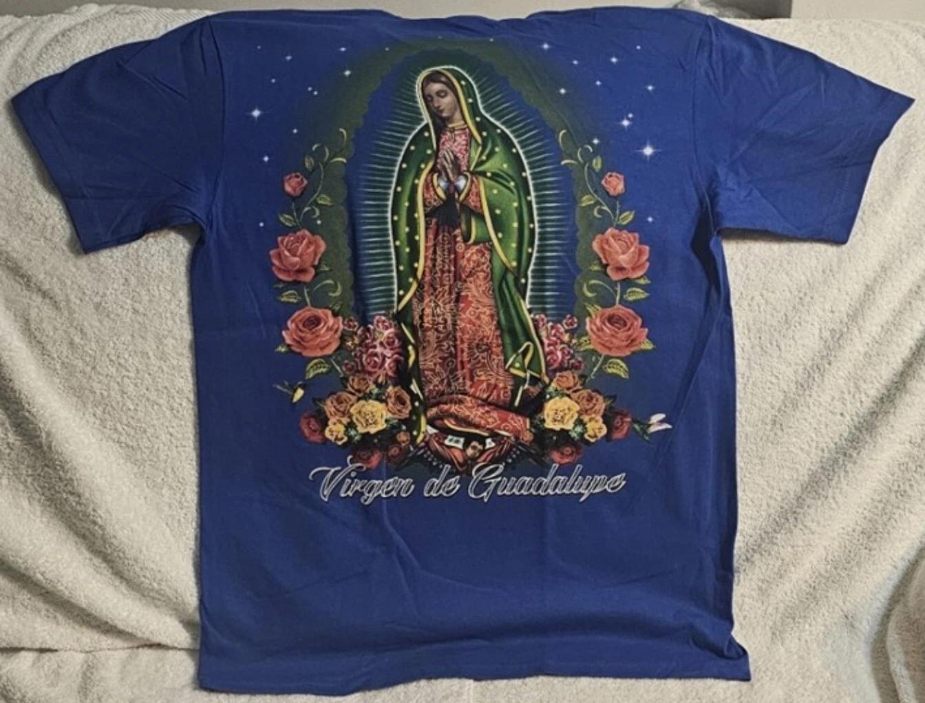 VIRGEN DE GUADALUPE VIRGIN MARY ROSE FLOWER STARS PRAY BLUE T-shirt L