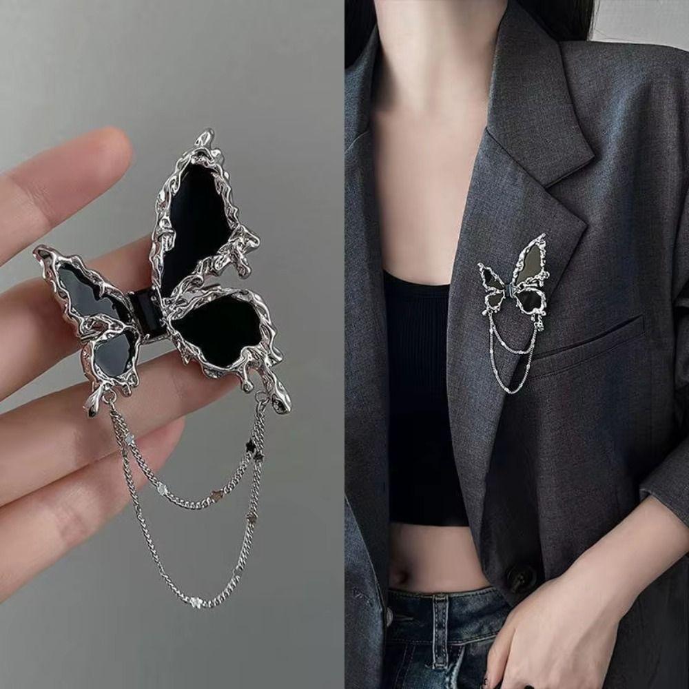 Tassel Pendant Butterfly Chain Brooch Pin Black Suit Badge Lapel Pins Clothing Accessories Jewelry