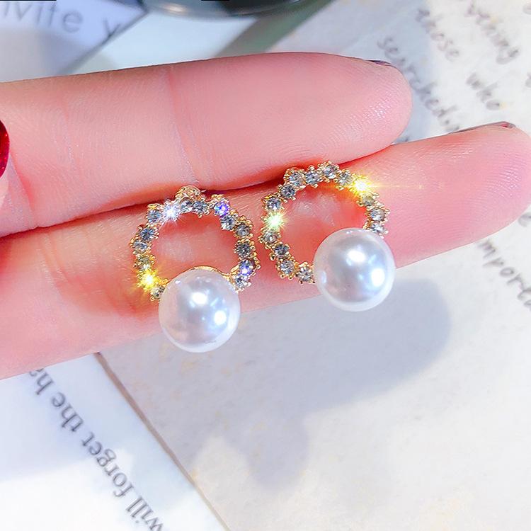 Round Diamond Pearl Stud Earrings Female Student Korean Version Simple Temperament Fashion Earrings Earrings Female