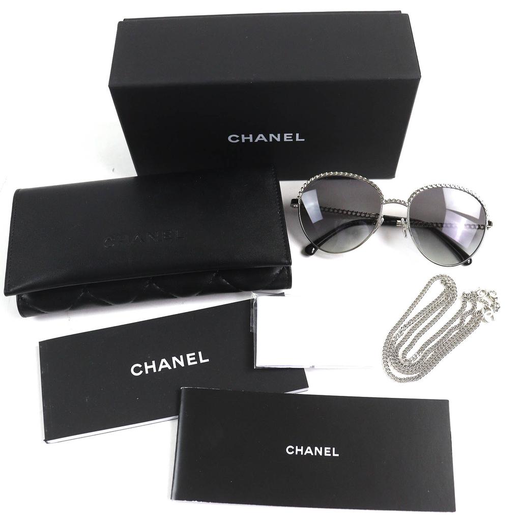Excellent CHANEL Sunglasses COCO Mark Panto Shape Frame: Silver Black Women 4242 c.124/S6 Used