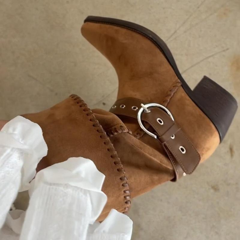 Women's High Boots 2025 Female New Retro Brown Western Cowhide Booties Gothic Square Toe Wide-leg Women's Long Boots Pumps Shoes