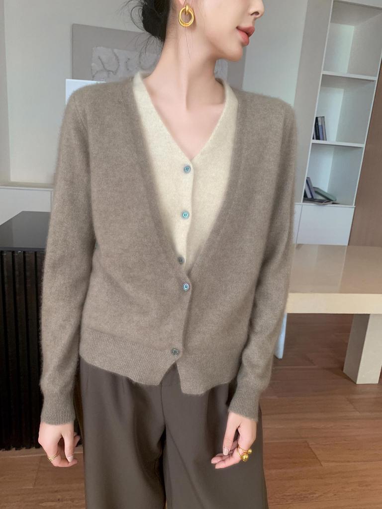 2025 V-neck Button-up Cashmere Knit Cardigan - Korean Style, Loose Fit, Slimming, Fake Two-piece Jacket for Women