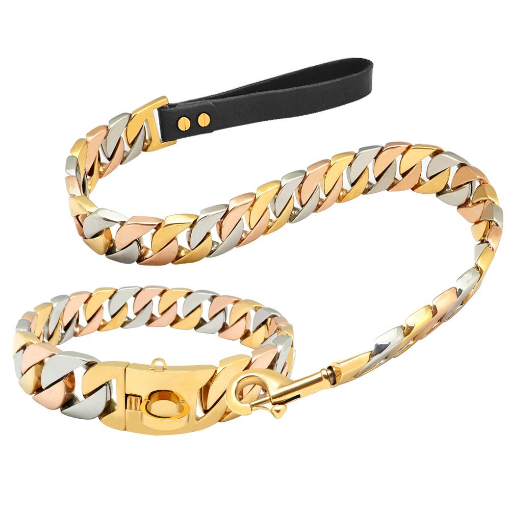 32Mm Stainless Steel Gold Black Leash Dog Chain Titanium Steel Leash Bully Bulldog