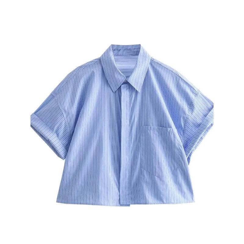 Dámská módní zkrácená popelínová košile Dámská ležérní klopa Krátký rukáv Kapsa Vpředu Knoflíky Všestranný dámský top