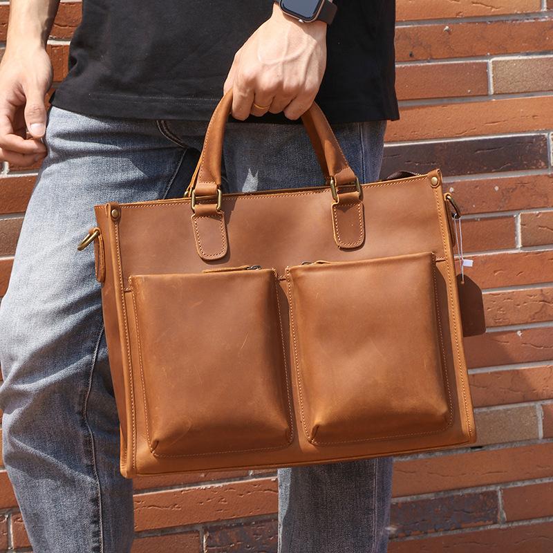 Retro Fashion Men'S Genuine Leather Laptop Bag Crazy Horse Leather Handmade Shoulder Oblique Span Bag Large Capacity Briefcase