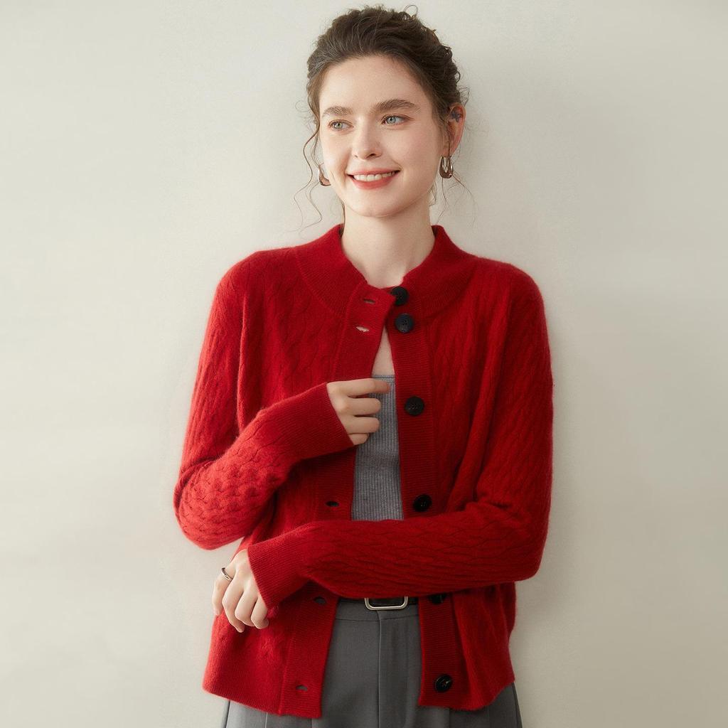 Elegant Korean Style Cable Knit Cashmere Cardigan for Women - Stand-up Collar, Versatile Autumn/Winter Sweater