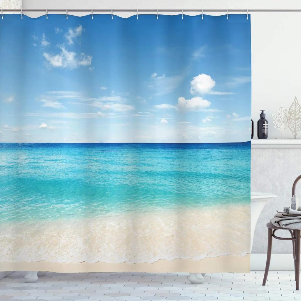 Tropical Palm Trees On Island Ocean Beach Through White Wooden Windows Shower Curtain Waterproof Fabric Bathroom Decor With Hook