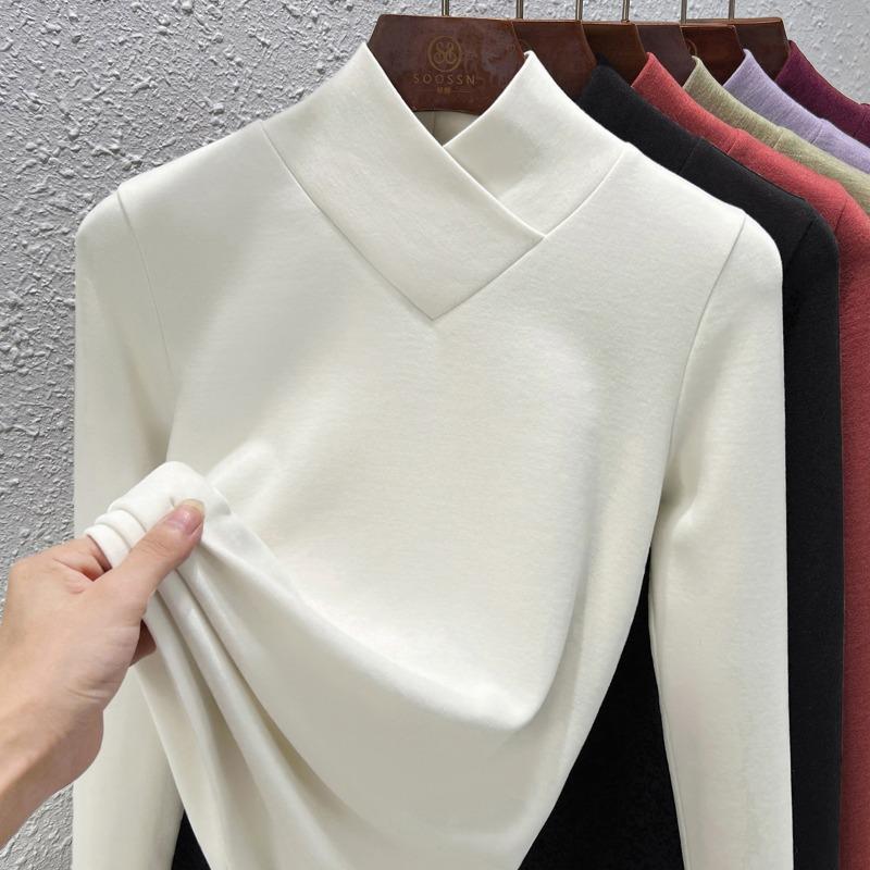 Stacked Collar Warm Fleece Bottoming Shirt Women's Autumn and Winter New Semi-turtleneck Long-sleeved Fleece Warm Silk Cashmere Top