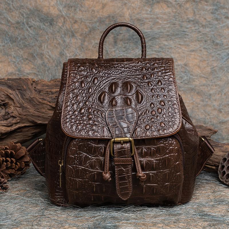 Vintage Women Genuine Leather Backpack Crocodile Pattern Women's Real Cow Leather Bagpacks Luxury Anti-theft Ladies Travel Bag