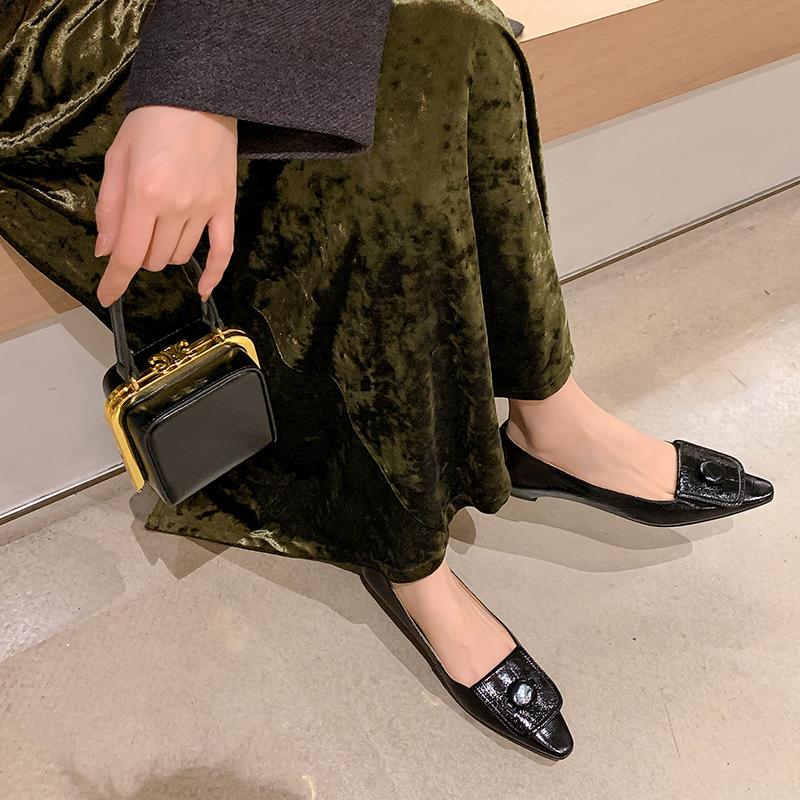 Silver fashion simple temperament button single shoes niche versatile pointed low heel shallow mouth pedal small leather shoes women's shoes