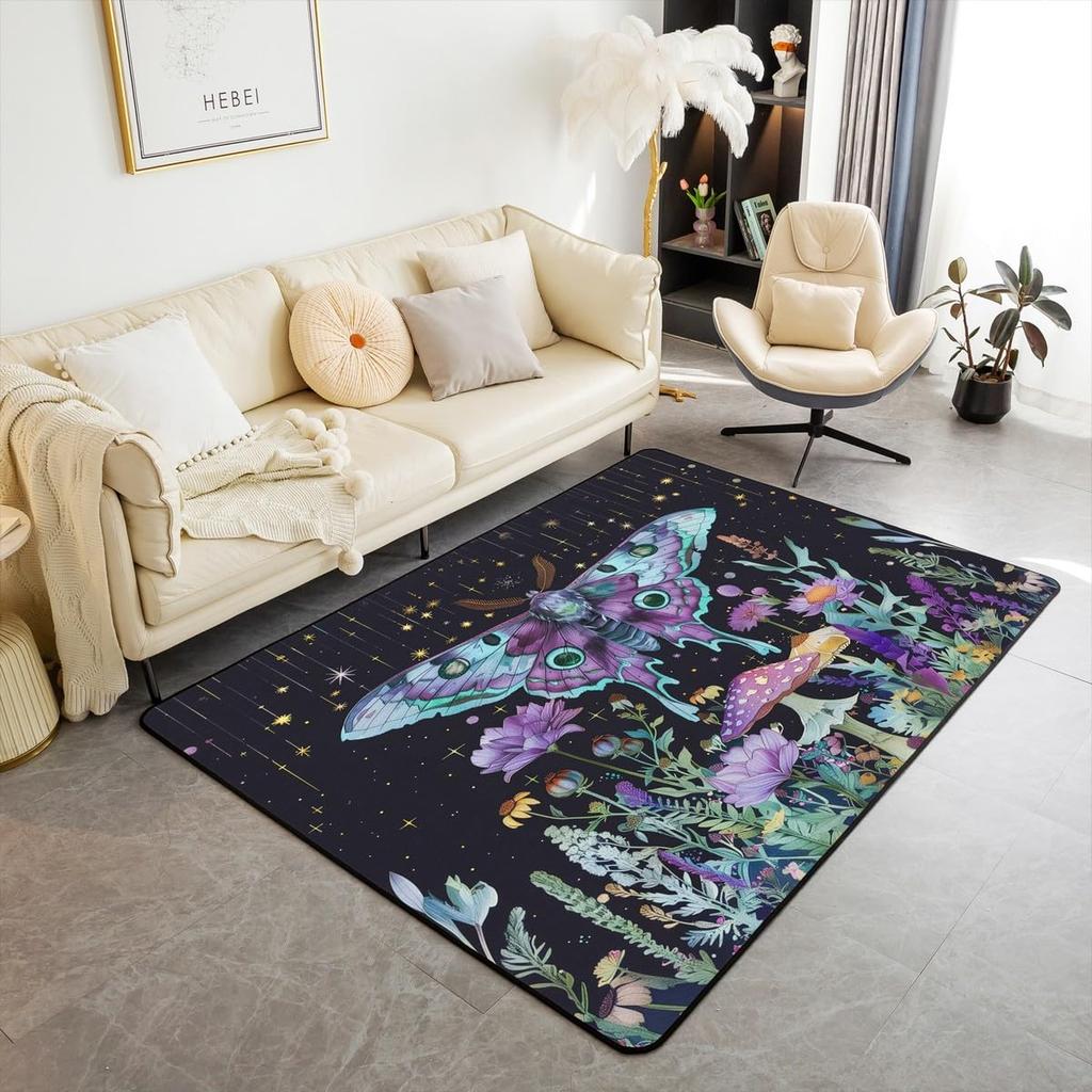 Erosebridal Moth Skull Moon Area Rug 4'11" X 3'3" Bohemian Stars Exotic Living Room Rugs Starry Sky Mysterious Decorative Carpet Black and W