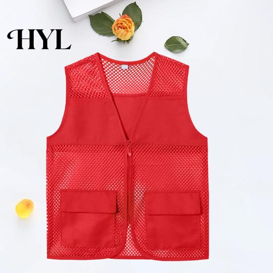 Vest Coat Hollow Out Zipper Placket Double Pockets V-neck Work Volunteer Bright Color Loose Fit Unisex Waistcoat