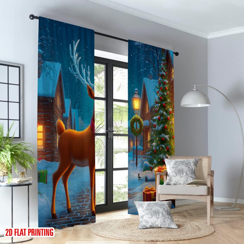 2pcs 2D flat printing Fashionable Christmas Curtains Christmas Reindeer Gifts Sleigh Digital Printed Polyester Drapes Holiday