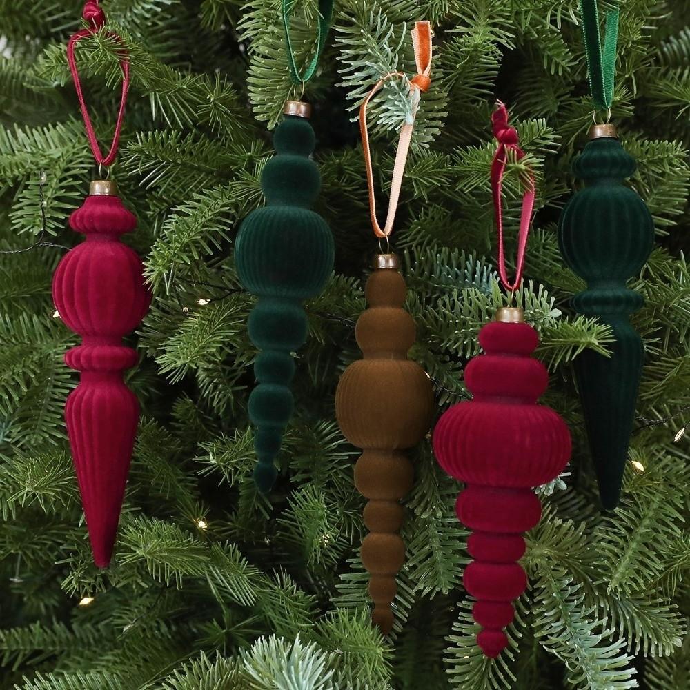 9Pcs Solid Color Velvet Christmas Ball Set Vintage Long Finial Hanging Ornaments New Year
