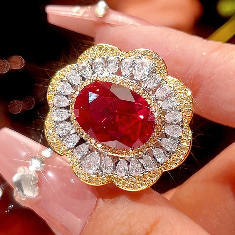

Luxury Oval Blue Sapphire Red Ruby Ring Necklace Adjustable Gold Tone Flower Halo CZ Stone Jewelry for Women Wedding Party Gift