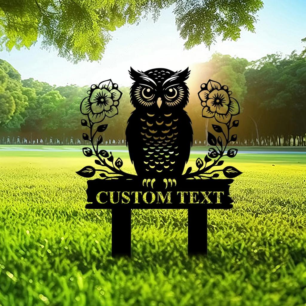 Metal Garden Decor Owl Flower Sign, Personalized Yard Art Outdoor Gift for Mom, Rustproof Metal Stake