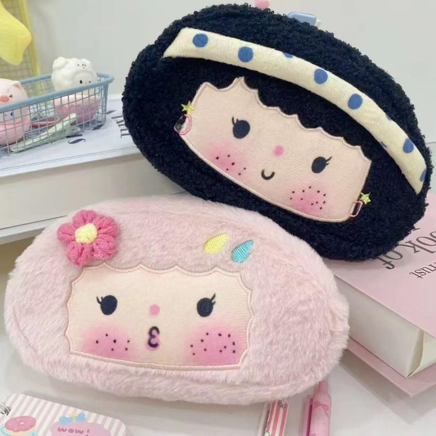 Girls Plush Pencil Pouch Creative Style Large Capacity Embroidered Student Organizer