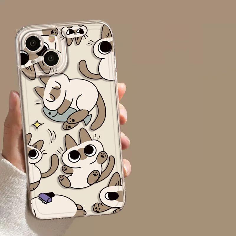 Cartoon Siamese Cat Clear Funda iPhone Cases For iPhone 17 16 15Pro Max 11 12 13 14Pro Plus Shockproof carcasa phone Case