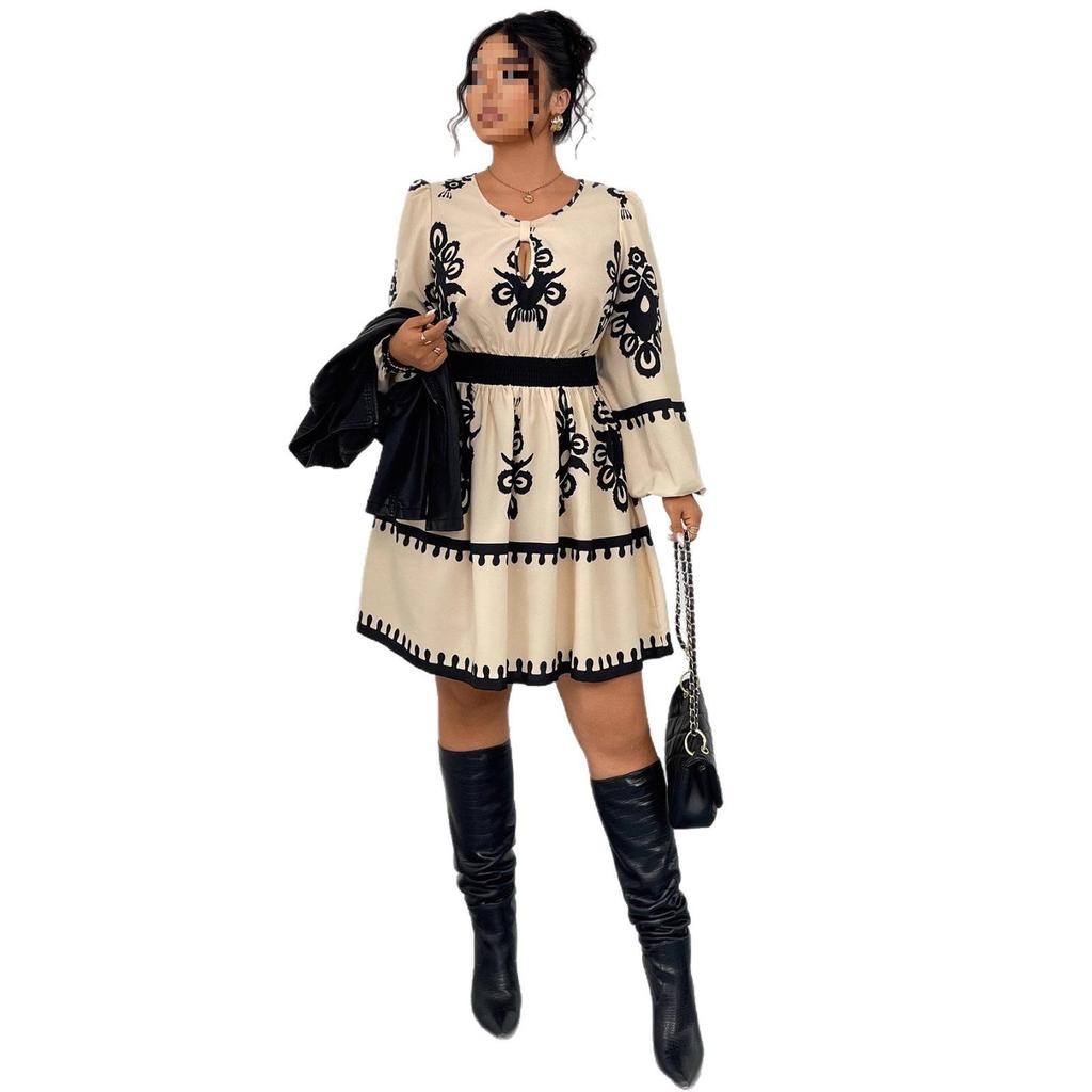 High-Waisted Long-Sleeve Round Neck Puff Sleeve Printed Dress for Women