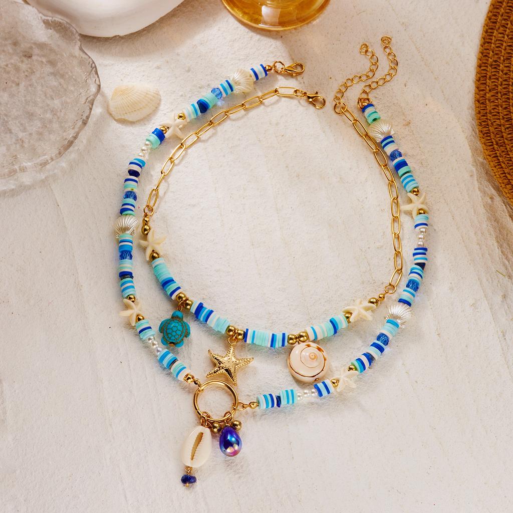Mermaidcore Mermaid Tail Starfish Heishi Beads Pendant Necklace for Women Boho Shell Conch Clavicle Chain Beach Jewelry Gift