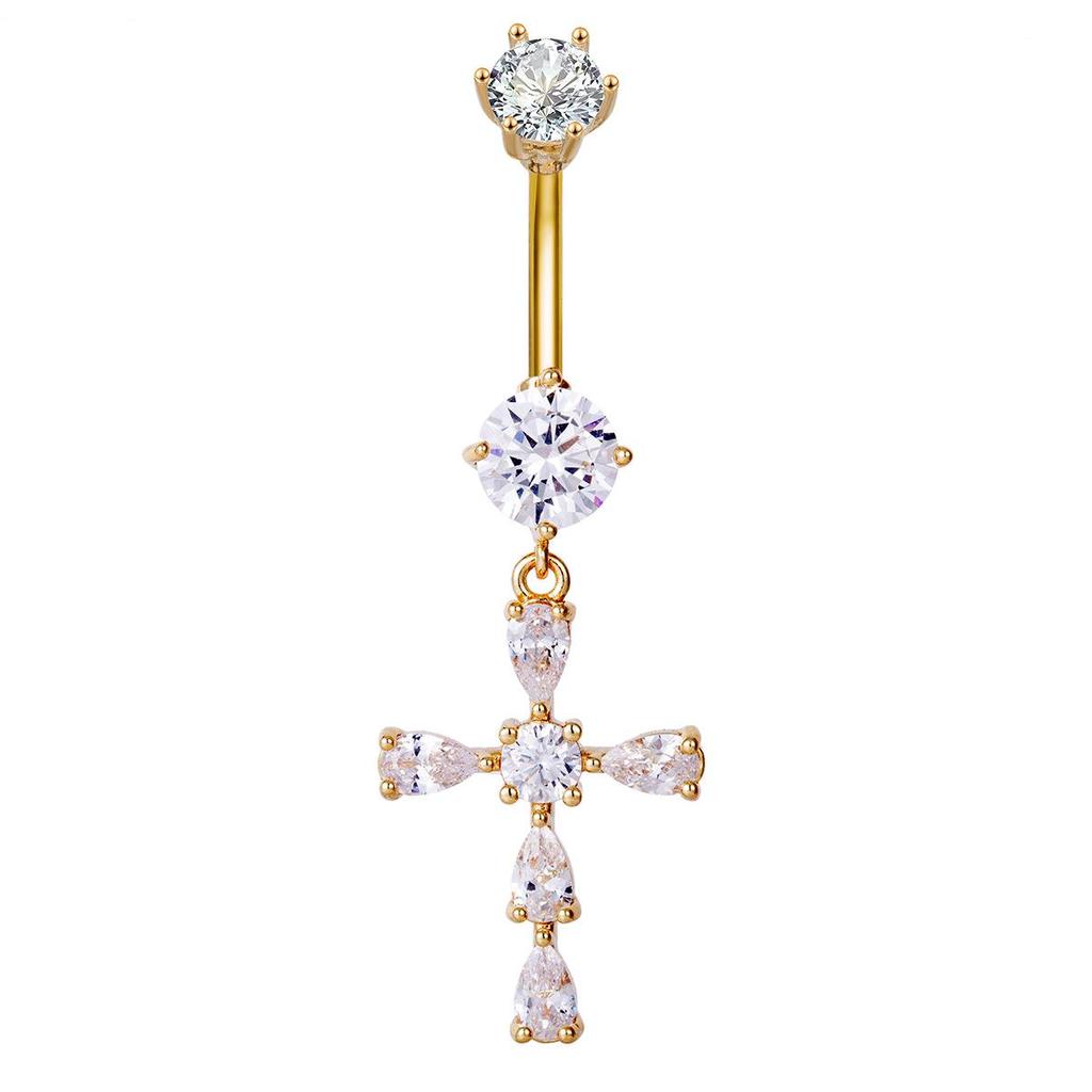 Ding Pei Zirconia Cross Navel Ring: New Style, Super Sparkle, Water Drop Design