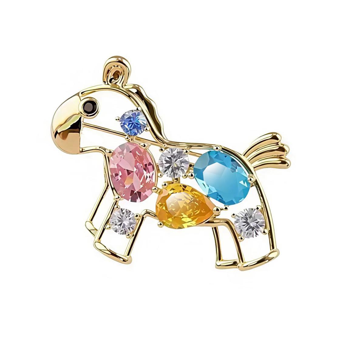 Bo Xin Yun Cute Cartoon Crystal Horse Brooch - Gold-Plated Copper Accessory