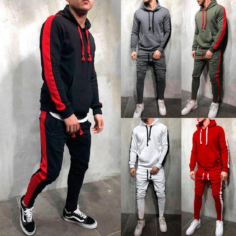 Mens Running Tracksuit Set With Hooded Jacket And Adjustable Waistline Pants For Activewear