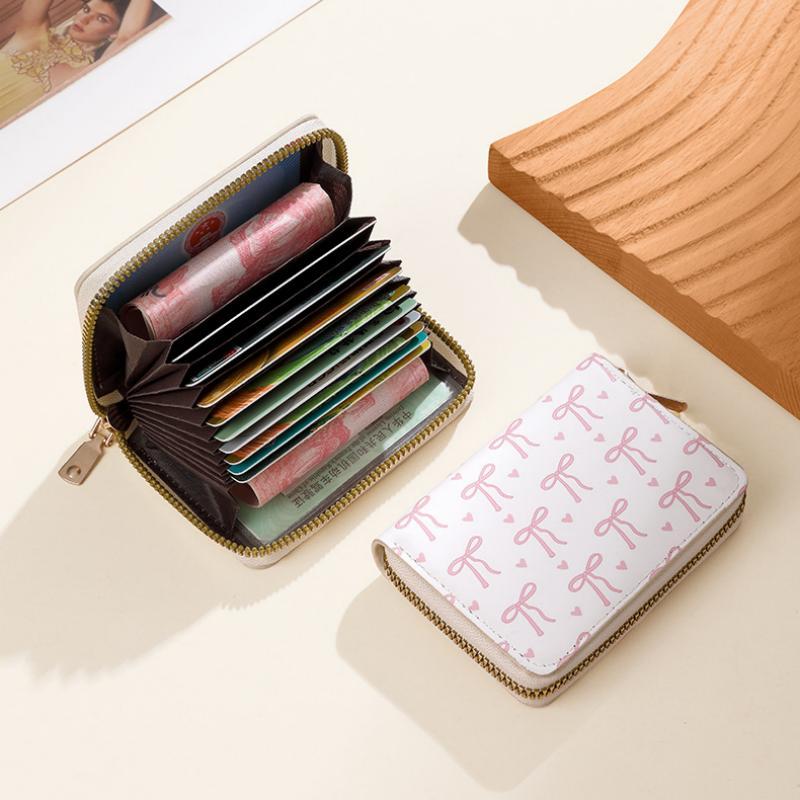 Cute Bow Print PU Leather Card Holder Multiple Slots Secure Zipper Coin Purse Small Wallet for Weekend Trips