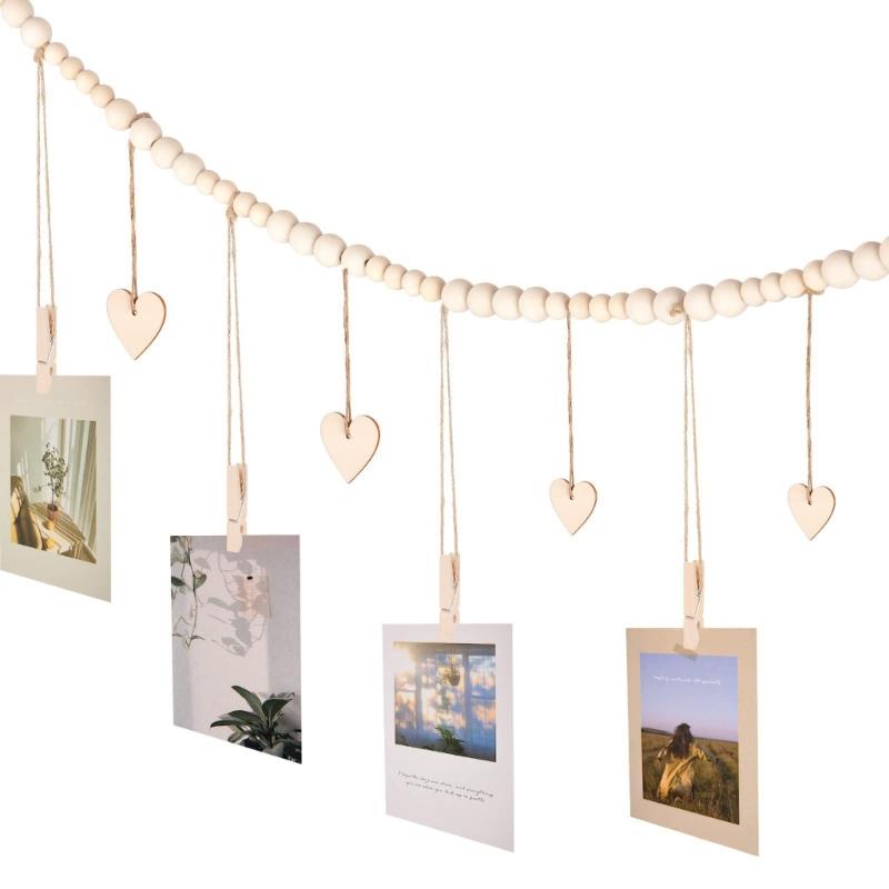 Hanging Photo Display with 9Clips Photo Holders for Hanging Wooden Beads Garland Collage Picture Frame Wall Decors